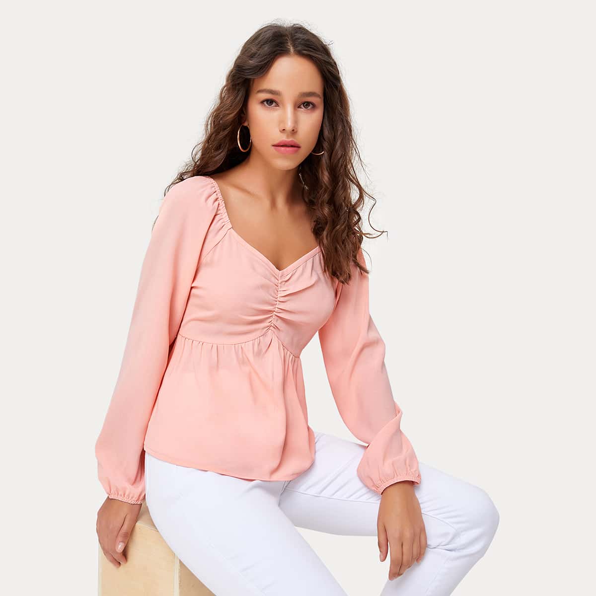 

Ruched Peplum Blouse, Baby pink