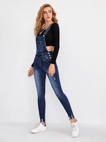 Kangaroo Pocket Ripped Raw Hem Skinny Denim Dungarees - Dark Wash - View 3