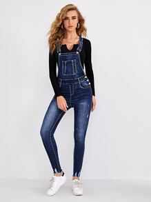 Kangaroo Pocket Ripped Raw Hem Skinny Denim Dungarees - Dark Wash - View 4