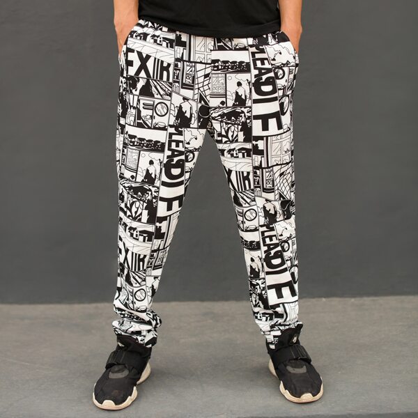 

Men Pop Art Print Sweatpants, Black and white