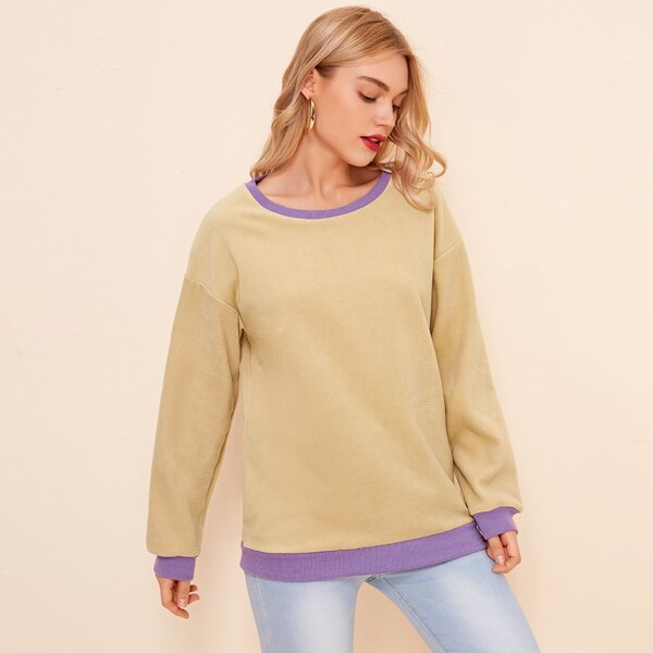 

Contrast Binding Drop Shoulder Sweatshirt, Khaki