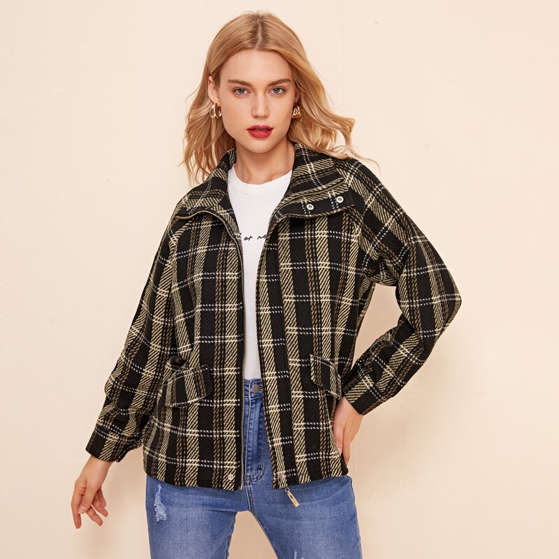 

Plaid Print Zip Up Raglan Sleeve Coat, Multicolor