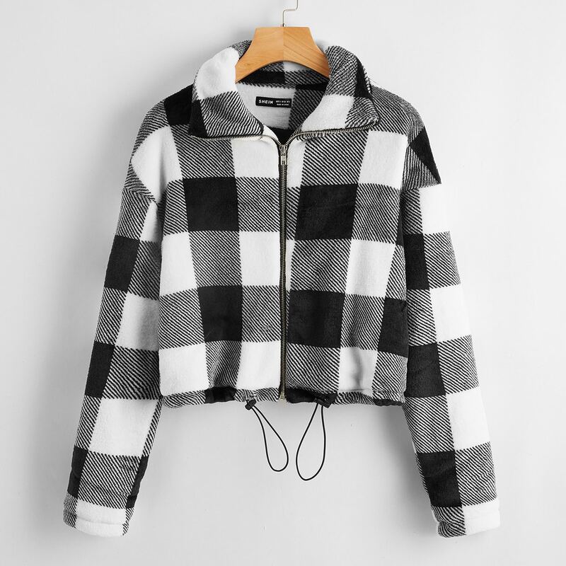 

Buffalo Plaid Drawstring Hem Flannel Jacket, Black and white