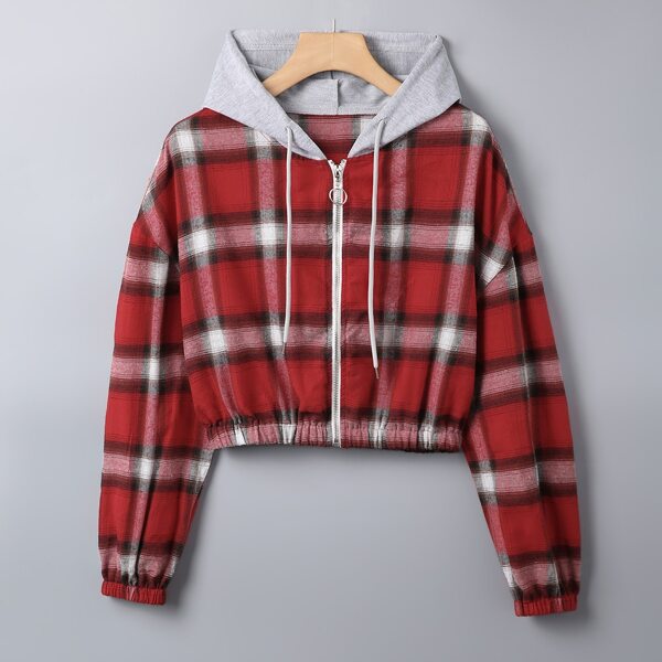 

Tartan Drawstring Contrast Hooded Shacket, Multicolor