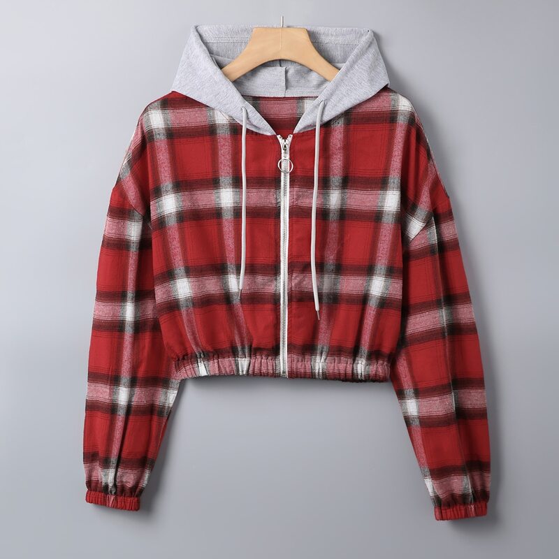 

Tartan Drawstring Contrast Hooded Shacket, Multicolor