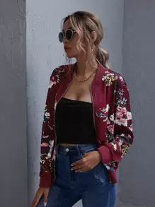SHEIN LUNE Floral Print Zip-Up Bomber Jacket - Maroon - View 1