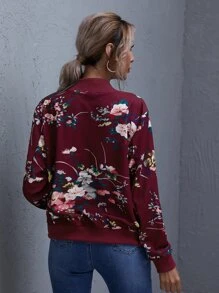 SHEIN LUNE Floral Print Zip-Up Bomber Jacket - Maroon - View 2