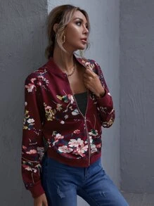 SHEIN LUNE Floral Print Zip-Up Bomber Jacket - Maroon - View 3