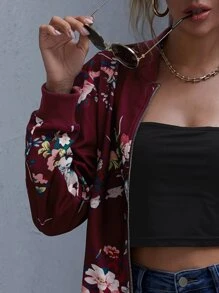 SHEIN LUNE Floral Print Zip-Up Bomber Jacket - Maroon - View 4