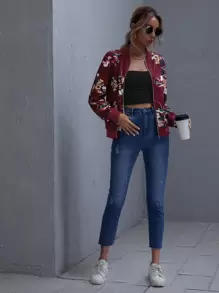 SHEIN LUNE Floral Print Zip-Up Bomber Jacket - Maroon - View 5