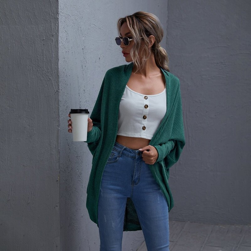 

Open Front Dolman Sleeve Rib-knit Coat, Dark green