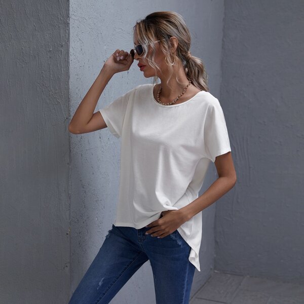 

Batwing Sleeve Split Back High Low Tee, White