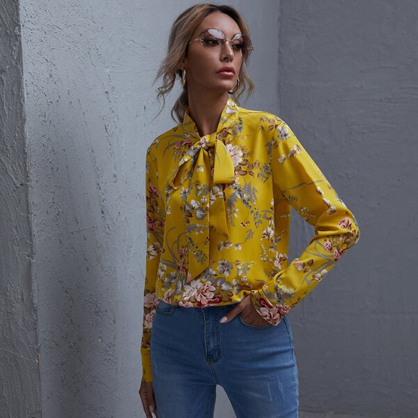 

Floral Print Pussycat Bow Top, Mustard yellow