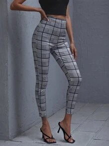 SHEIN 格紋緊身高腰褲子 - 灰色 - 查看 1
