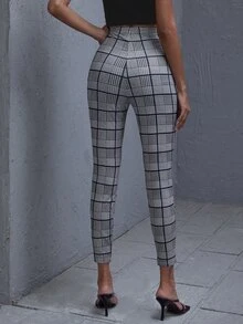 SHEIN 格紋緊身高腰褲子 - 灰色 - 查看 2