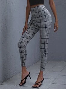 SHEIN 格紋緊身高腰褲子 - 灰色 - 查看 3
