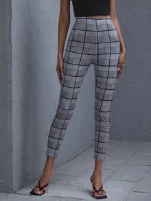 SHEIN 格紋緊身高腰褲子 - 灰色 - 查看 4