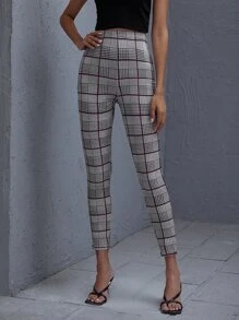 SHEIN 格紋緊身高腰褲子 - 灰色 - 查看 1