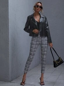 SHEIN 格紋緊身高腰褲子 - 灰色 - 查看 5