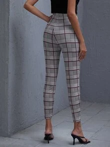 SHEIN 格紋緊身高腰褲子 - 灰色 - 查看 2