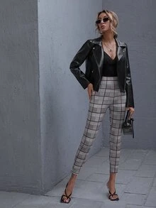 SHEIN 格紋緊身高腰褲子 - 灰色 - 查看 3