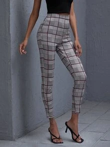 SHEIN 格紋緊身高腰褲子 - 灰色 - 查看 4