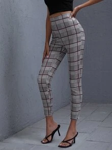 SHEIN 格紋緊身高腰褲子 - 灰色 - 查看 5