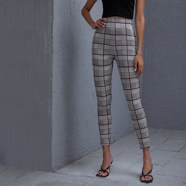 

Plaid Skinny High Waist Pants, Grey