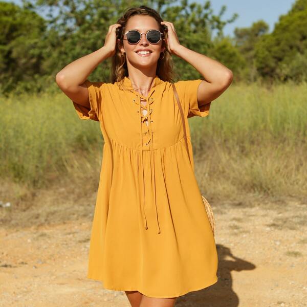 

Lace Up Front Roll Up Sleeve Smock Dress, Mustard yellow