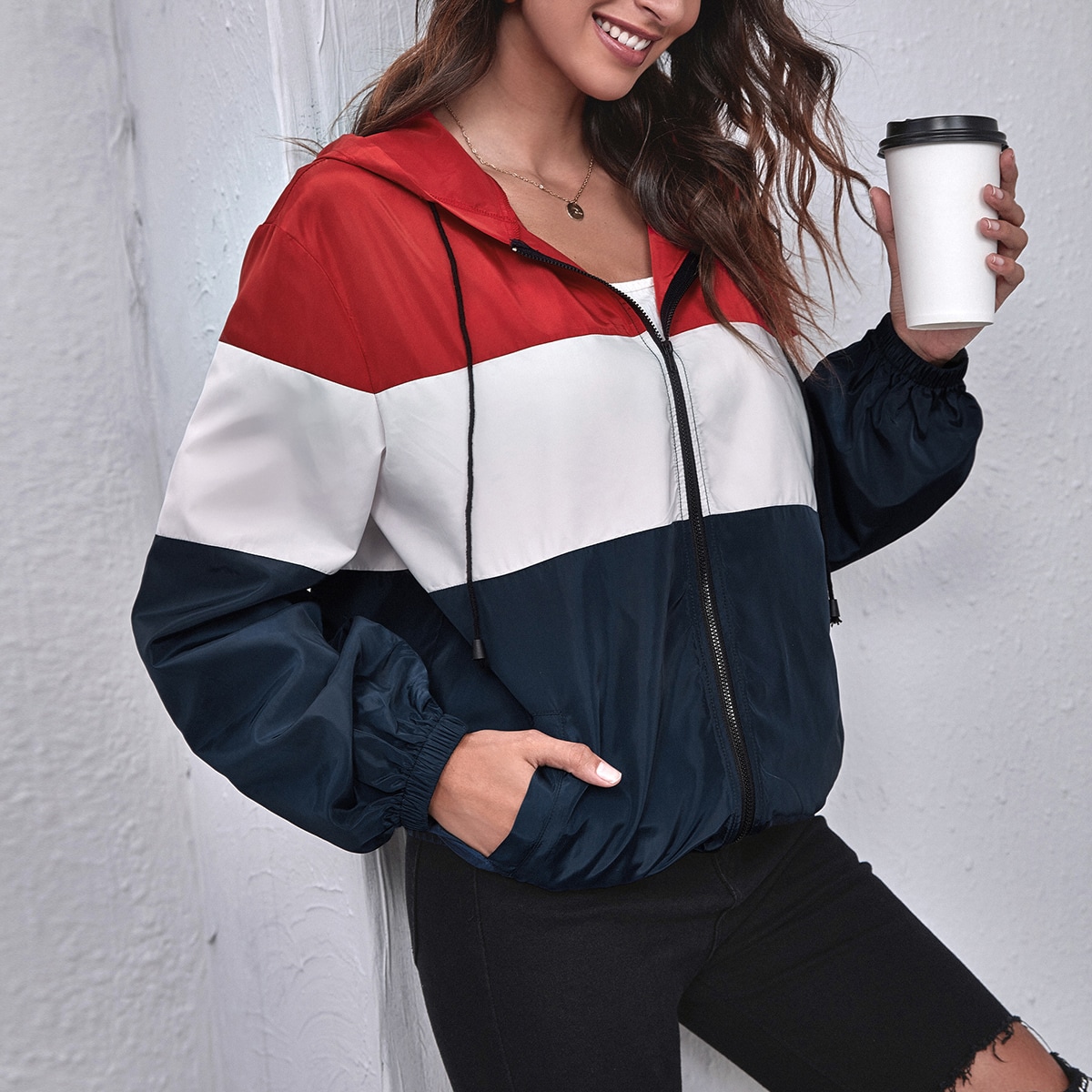 Image of Pocket Side Colourblock Wind Hooded Jacket