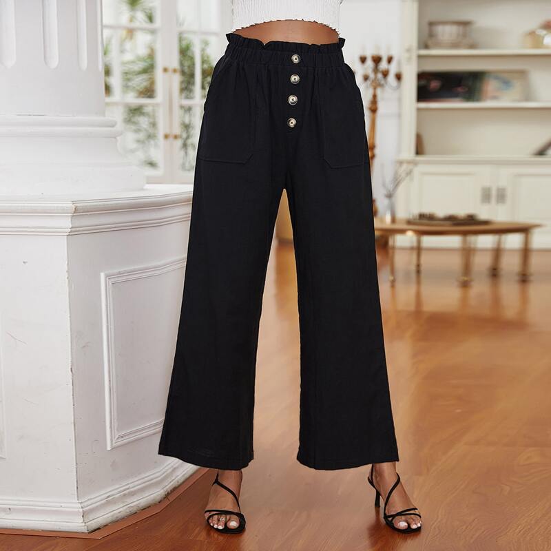 

Button Front Paper Bag Waist Wide Leg Pants, Black