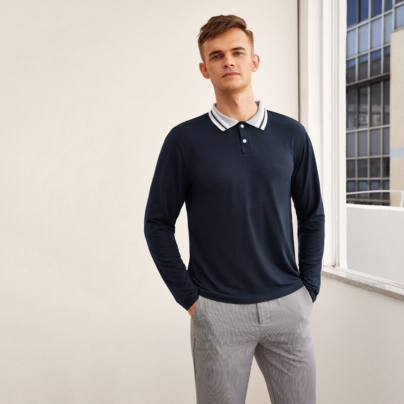 

Guys Striped Quarter Button Polo Shirt, Navy blue