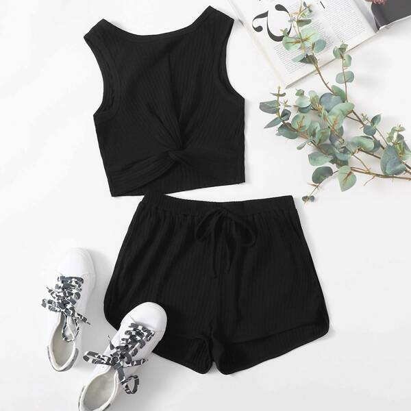 

Twist Hem Tank Top & Knot Front Shorts Set, Black