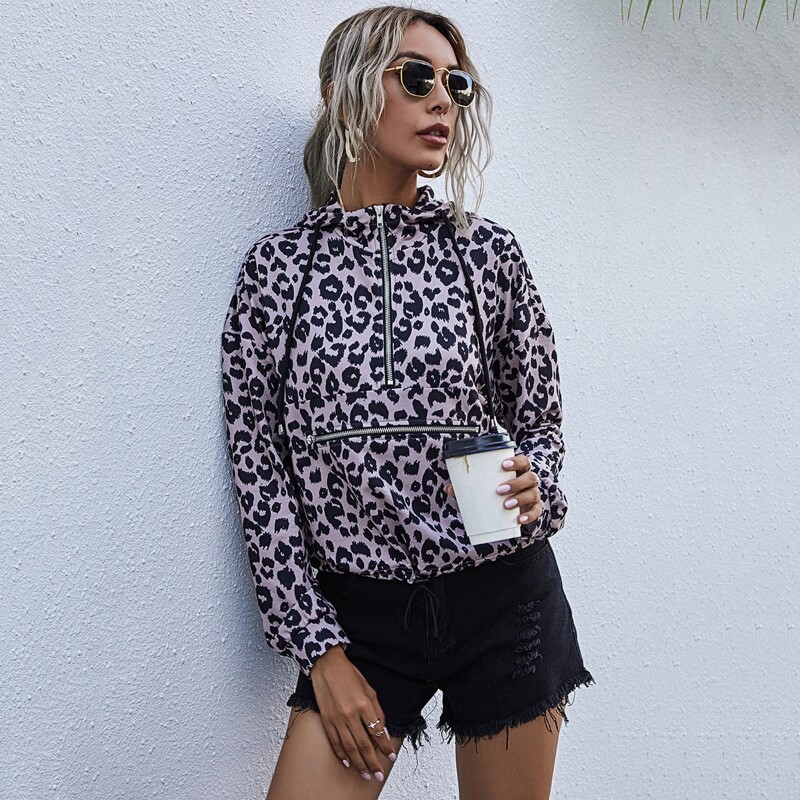 

Zip Half Leopard Print Drawstring Hoodie, Multicolor