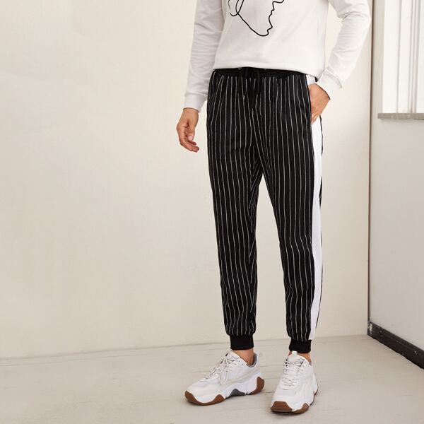 

Men Vertical Striped Side Panel Drawstring Pants, Black