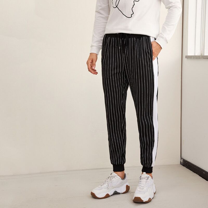 

Guys Vertical Striped Side Panel Drawstring Pants, Black