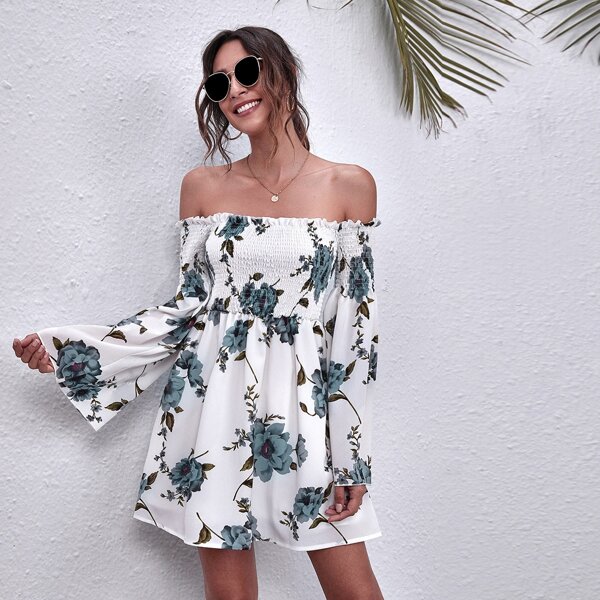 

Off Shoulder Frill Trim Shirred Floral Dress, White