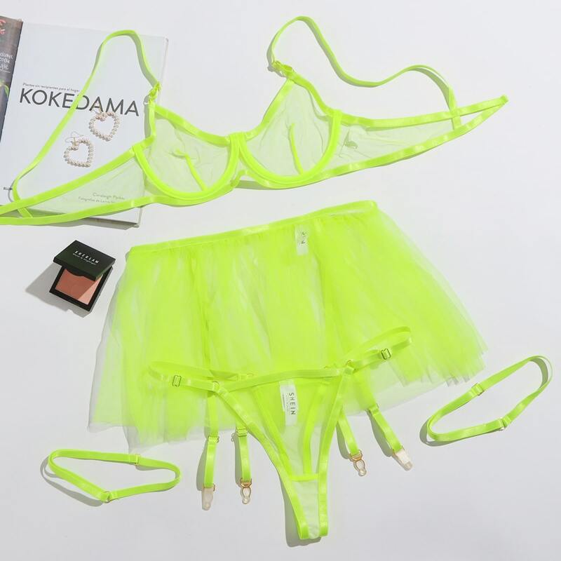 

Neon Lime Mesh Underwire Garter Lingerie Set, Bright lime green