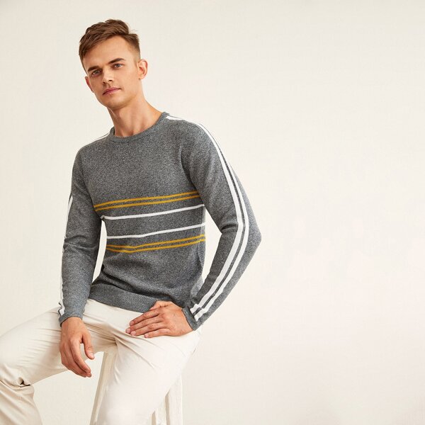 

Men Striped Pattern Sweater, Grey