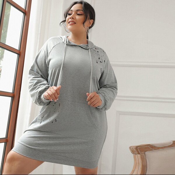 

Plus Ripped Detail Raglan Sleeve Pocket Hoodie Dress, Light grey