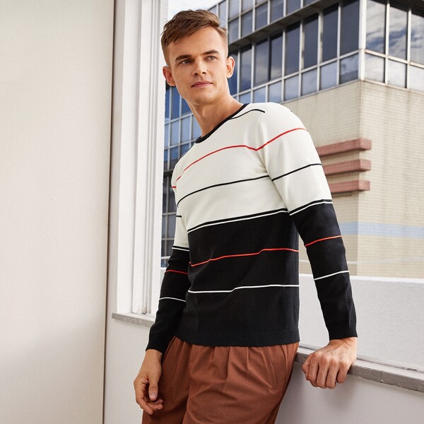 

Men Two Tone Striped Sweater, Black and white