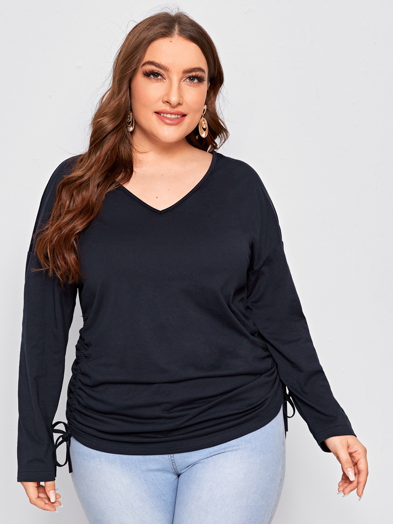 Plus V-Neck Drawstring Long Sleeve Tee thumbnail