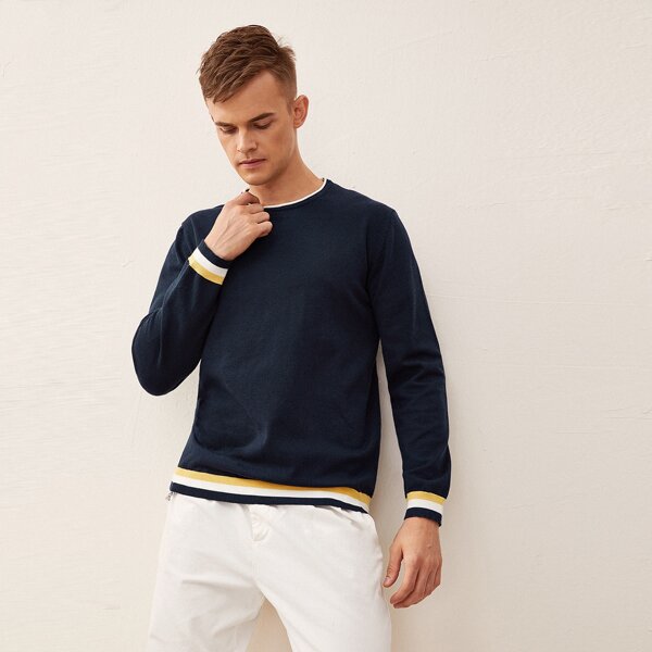 

Men Contrast Binding Striped Crew Neck Sweater, Navy blue