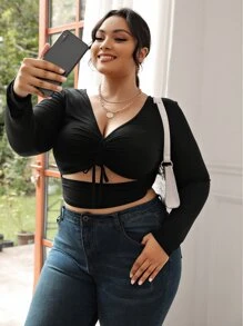 SHEIN SXY Plus Ruched Midriff Cutout Crop Top - Black - View 1