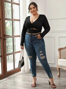 SHEIN SXY Plus Ruched Midriff Cutout Crop Top - Black - View 5