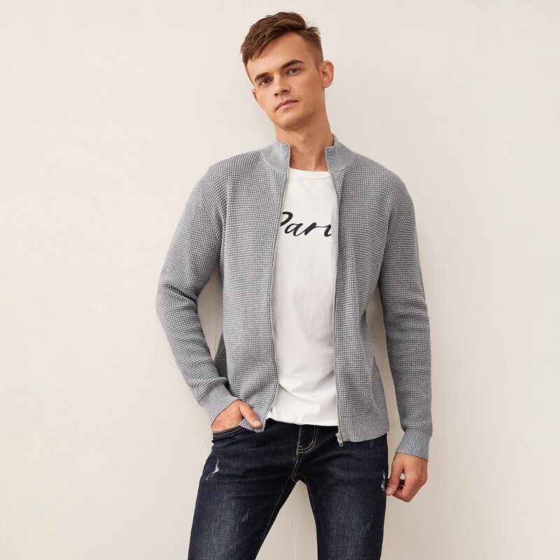 

Guys Solid Zip Up Waffle Knit Cardigan, Light grey