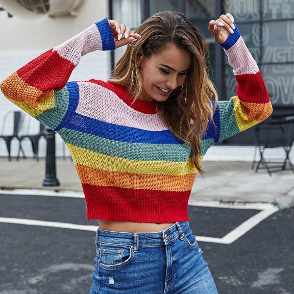 

Color Block Cold Shoulder Sweater, Multicolor