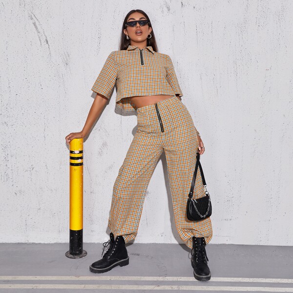 

Zip Half Placket Plaid Top & Pants Set, Multicolor
