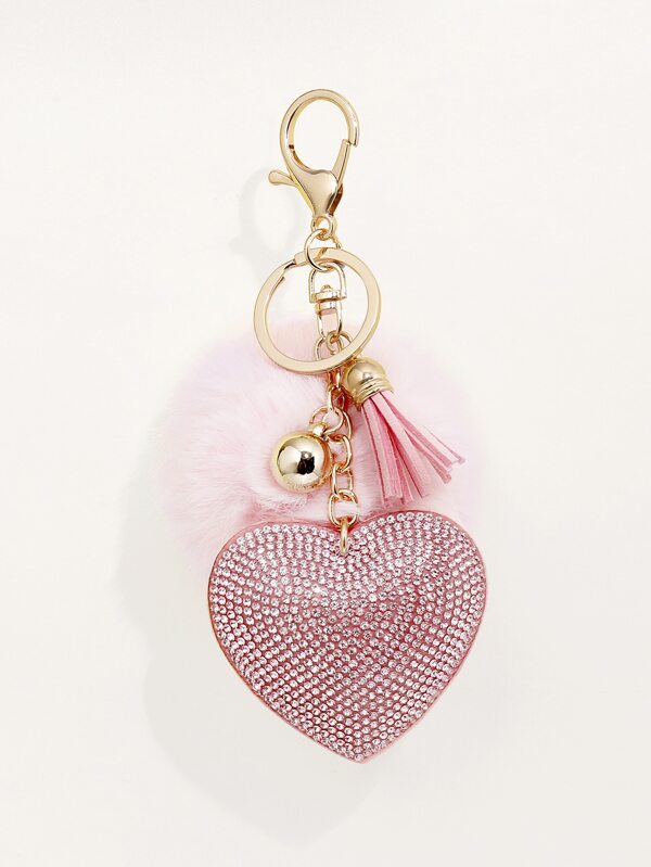 1pc Women Rhinestone Inlaid Korean Velvet Solid Color Heart Shaped Keychain, Heart Pom Pom Keyring For Valentine's Day, Mother's Day, Wedding Favors Valentines Car Accessories Bag Charm School Cute Goth Y2k Bag Accessories Lanyards With Id Holder Car Accessories Bag Charms