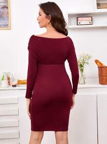 SHEIN Maternity Off Shoulder Ruched Detail Wrap Bodycon Dress - Maroon - View 2